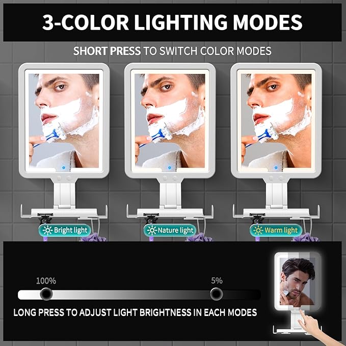 Instant Heated fog free Shower Mirror Fogless for Shaving for Women Makeup Removing,Anti fog Mirror for shower with 3-Color Dimming Light,Rechargeable Lighted Mirror,2Ways Wall Mounted Shower Mirrors