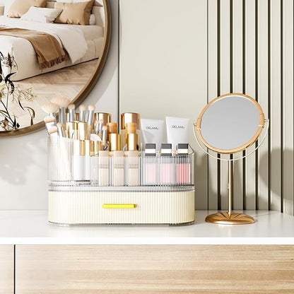 Delamu Makeup Organizer for Vanity with Stackable Drawers, 360 Rotating Makeup Brush Holder Large Cosmetic Display Case, Bathroom Skincare Storage, Elegant White, Ideal Christmas Gifts for Girls