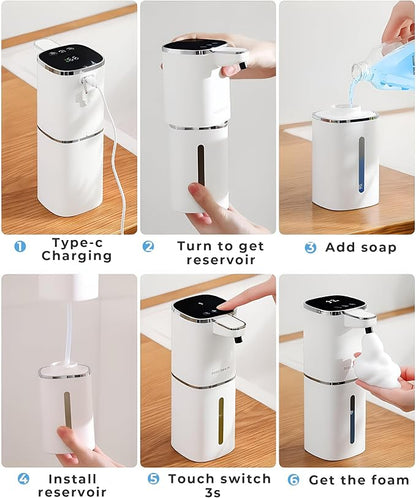 Automatic Foaming Soap Dispenser, 13.5oz/400mL, USB Rechargeable, 9-Adjustable Foam Levels, IPX5 Waterproof, Touchless & Wall/Tabletop Use for Kitchen Bathroom, White