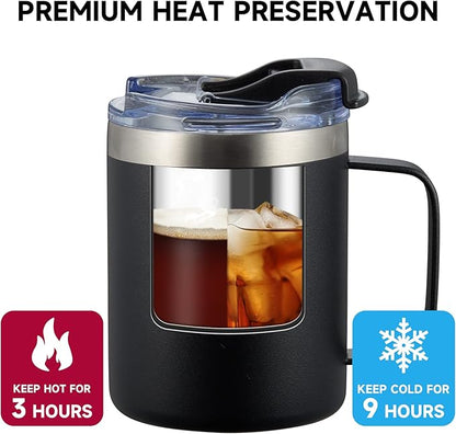12oz Stainless Steel Insulated Coffee Mug with Handle, Double Wall Vacuum Tumbler Cup with Fliping Lid, Red, 4 Pack