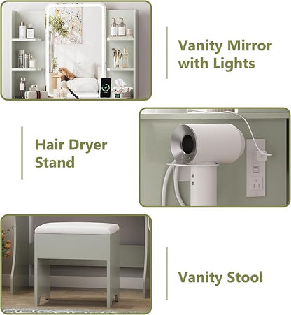 Small Vanity Desk with Mirror and Lights, Makeup Vanity with LED Lights, Green Vanity Mirror with Lighted Desk and Chair, 3 Lighting Adjustable Compact Dressing Table with Mirror for Women, Girls
