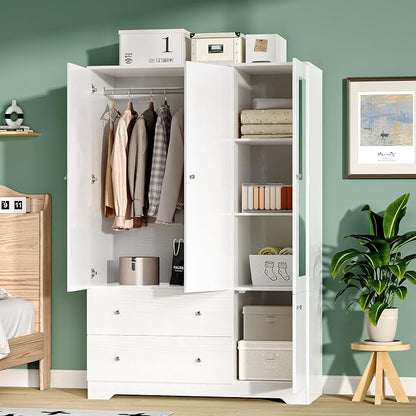 VINGLI Armoire Wardrobe Closet with Doors and Mirror,47"W Wardrobe Cabinet Wooden with Hanging Rod & Shelves Inside, 4 Door Bedroom Armoires with Drawers, Modern White Freestanding Armoire for Bedroom