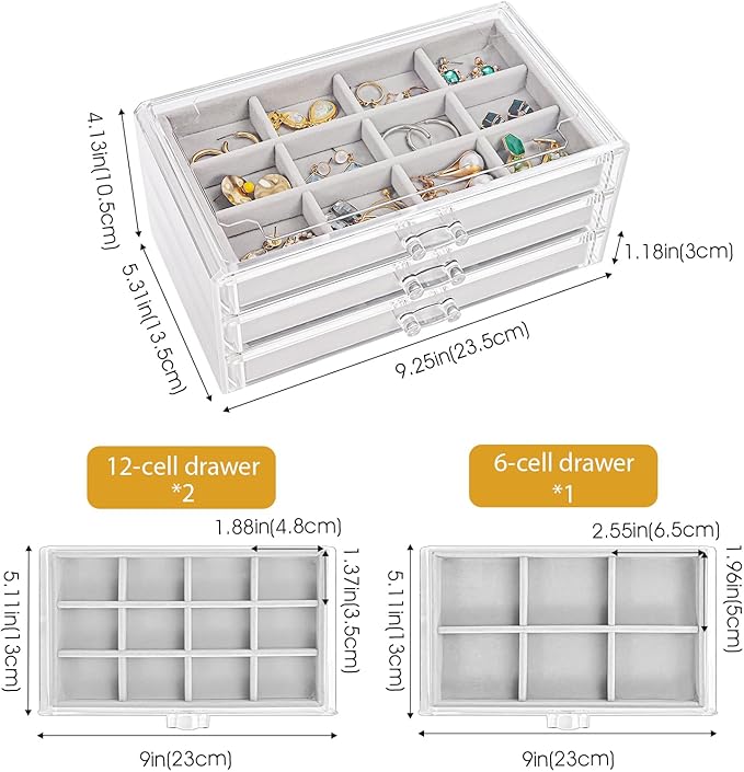 ProCase Earring Holder Organizer Jewelry Box with 3 Drawers, Acrylic Clear Earring Case with Adjustable Velvet Trays for Women - Grey, 3 Layers