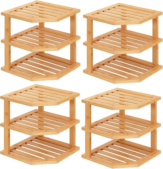 3 Tier Bamboo Corner Shelf(4 Pack),Dish Drying Rack,Plate Organizer,Kitchen Spice Rack for Countertop and Cabinet