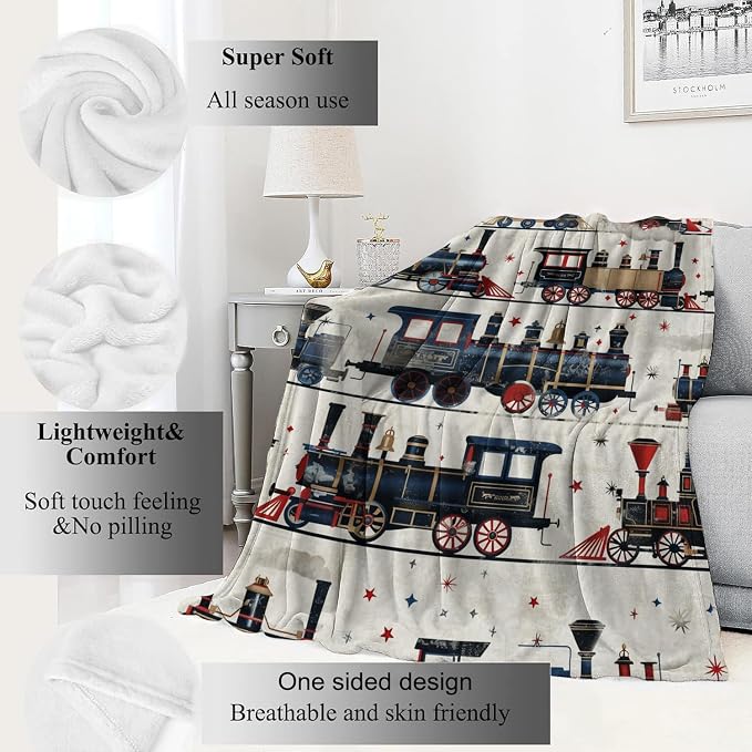 Vintage Steam Train Blanket,Cute Classic Railway Retro Throw Blankets,Gifts for Kids Girls,Lightweight Soft Fleece,for Sofa Couch Bed Room Travel,Birthday Historical Aesthetics Decor,50x60in