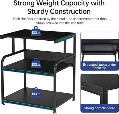 Printer Stand, 23.6 x18.9 x 30 Inches Large Printer Table with Adjustable Storage Shelf, 3 Tier Rolling Printer Cart with Wheels for Home Office, Stand for Heat Press Mini Fridge, Black