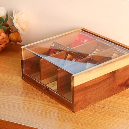 HTB Acacia Wood Tea Bag Organizer Storage, Gift Box 6 Compartments Tea Chest Box with Acrylic Transparent Hinged Lid