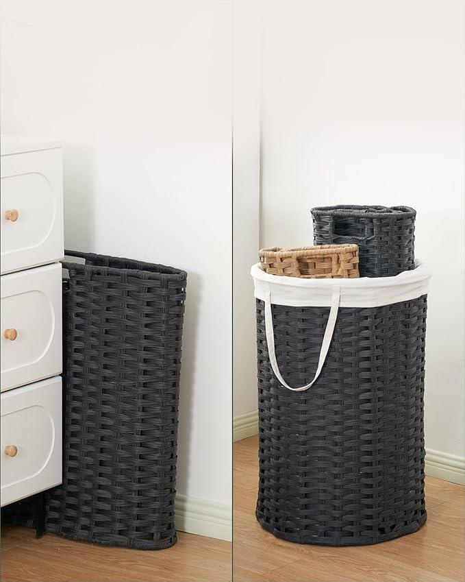 SETVSON Laundry Hamper Laundry Basket Round 19.0 Gal (72 L) Handwoven Rattan Hamper, Large Wicker Laundry Hamper with Removable Laundry Bag Handles 2 Mesh Bags for Bathroom Living Room Black (No Lid)