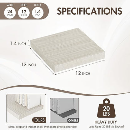 Acovy 12 Inch Floating Shelves, 12" Deep Floating Shelf Wall Mounted, 12" Wall Shelves, Rustic Deep Bookshelf, Extra Deeper Display Shelves & Storage Shelves for Bedroom, Living Room, Set of 3