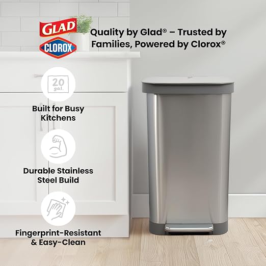 Glad 20 Gallon All Brushed Stainless Steel Trash Can with Clorox Odor Protection | Large Metal Kitchen Garbage Bin with Soft Close Lid, Garbage Bag Rings, Step On Foot Pedal and Waste Bag Roll Holder