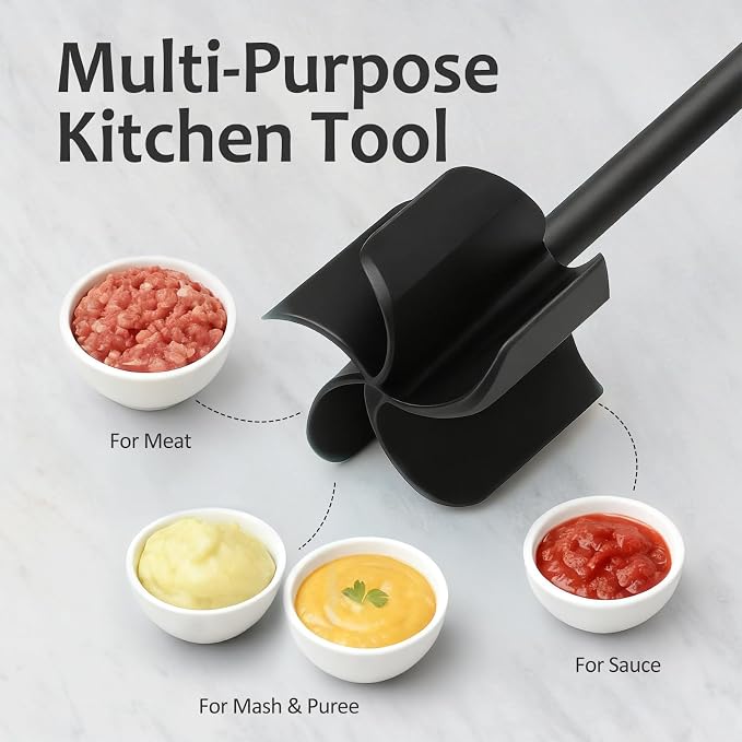 Ourokhome Meat Chopper and Potato Masher, Heat Resistant Nylon Ground Beef Smasher for Hamburger, 5 Curved Blades Nonstick Safe Mixer & Stirrer, Practical Kitchen Gadgets, Almond