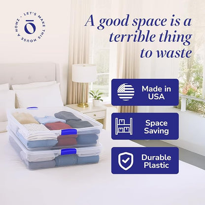 HOMZ 2-Pack Under Bed Storage, Clear Plastic Containers with Lids, 56 Quart, Blue Latch - Stackable Underbed Organizer Bins for Shoes, Bags, Clothes, and Towels