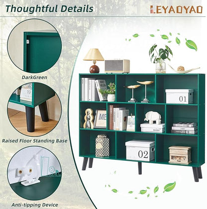 LEYAOYAO 10 Cube Bookshelf, 3 Tier Vintage 55" Wide Bookcase with Legs, Mid-Century Wood Bookshelves Storage, Dark Green Large Book Case, Freestanding Organizer Display Shelf for Living Room, Office