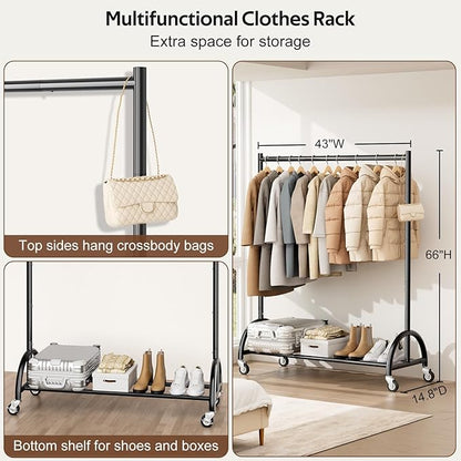 MISSLO Heavy Duty Clothing Rack with Wheels Rolling Clothes Racks for Hanging Clothes, Coats, Garment, Dress, Black