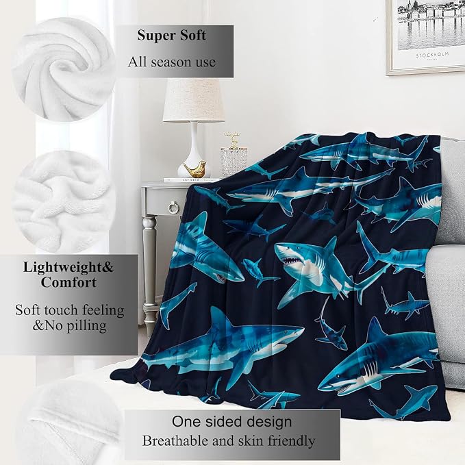 Blue Shark Blanket,Vibrant Deep Sea Sharks Throw Blankets,Gifts for Kids & Marine Life Lovers,Lightweight Soft Fleece,for Picnic Sofa Couch Bed Room Travel,Birthday Decor,60x80in