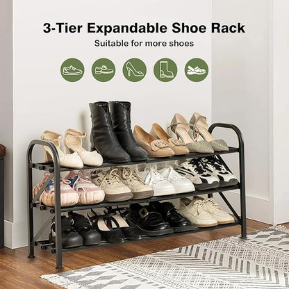 3-Tier Shoe Rack for Closet, 16"-33" Expandable ShoeRackAdjustable for Entryway Closet Doorway SturdyMetal, Black