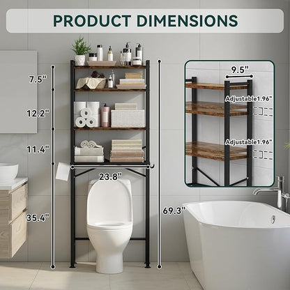GloTika 4-Tier Over The Toilet Storage with Paper Holder and 4 Hooks - Metal Over Toilet Bathroom Organizer Shelf, Freestanding Bathroom Cabinet for Laundry/Living Room (69.3" H, Black Brown)