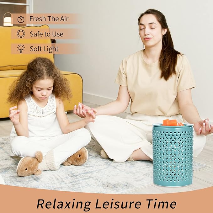 ASAWASA Ceramic Wax Melt Warmer with Timer and 1 pc Silicone Dish,Candle Wax Warmer for Scented Wax & Essential Oils,Ideal Gift for Home Office Kitchen Long Cyan