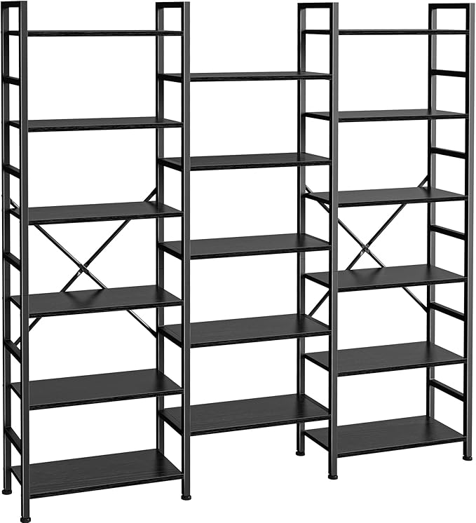 SUPERJARE Triple Bookshelf, Bookcase with 11 Open Display Shelves, Wide Book Shelf Book Case for Home & Office, 6 Tier, Black