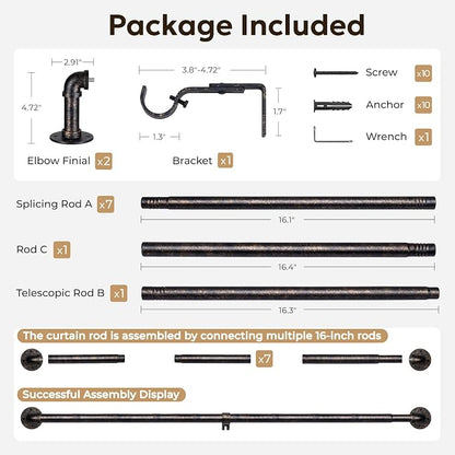 Zeerobee Curtain Rods for Windows 72 to 144, 1 Inch Industrial Wrap Around Vintage Bronze Curtain Rod, Indoor/Outdoor Room Divider Adjustable Drapery Pole, 72"-144"