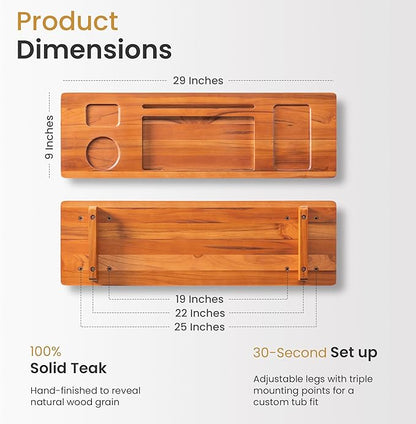 Teak Bathtub Tray for Freestanding Tubs - 29" Heavy-Duty Luxury Bath Caddy, Non-Slip Zero-Wobble Design, Water-Resistant Spa Organizer with Wine Glass & Phone Holder