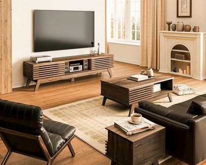 AODK 59" TV Stand for 55"/60"/65" TVs, Mid-Century Modern Fluted Entertainment Center with Sliding Doors, Storage Cabinets & Media Console Table, Living Room & Bedroom, Walnut