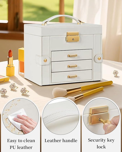 TORIBIO Jewelry Box for Women, Leather Jewelry Organizer with Mirror & Lock, 4-Tier Jewelry Storage Organizer with 3 Drawers for Girls/Women/Mothers, Necklace Earring Bracelets Holder Organizer