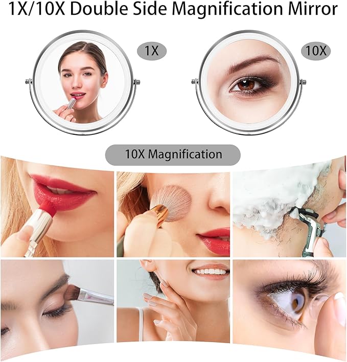 8”Large Makeup Mirror with Lights,1X/10X Rechargeable True Height Adjustable HD Magnifying Mirror with 3 Color Dimmable Lights,360° Rotation Double Sided Vanity Makeup Mirror,Gift for Women (Silver)