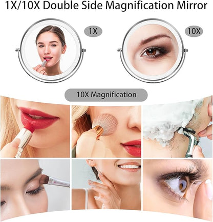 8”Large Makeup Mirror with Lights,1X/10X Rechargeable True Height Adjustable HD Magnifying Mirror with 3 Color Dimmable Lights,360° Rotation Double Sided Vanity Makeup Mirror,Gift for Women (Silver)