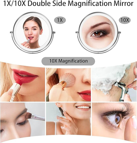 8”Large Makeup Mirror with Lights,1X/10X Rechargeable True Height Adjustable HD Magnifying Mirror with 3 Color Dimmable Lights,360° Rotation Double Sided Vanity Makeup Mirror,Gift for Women (Silver)