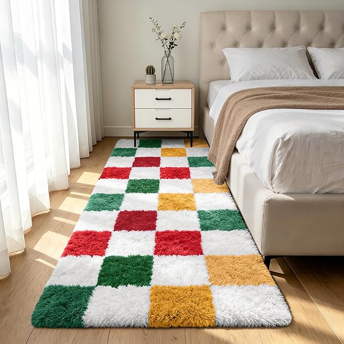 Shag Runner Rug for Bedroom Living Room 3x7 Upgrade Non-Slip Fluffy Soft Bedside Rugs,Checked Shaggy Carpet for Livingroom Dorm Home Decor Aesthetic