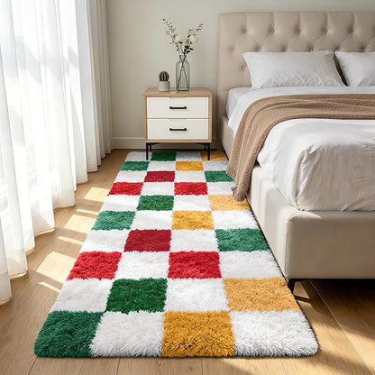 Shag Runner Rug for Bedroom Living Room 3x7 Upgrade Non-Slip Fluffy Soft Bedside Rugs,Checked Shaggy Carpet for Livingroom Dorm Home Decor Aesthetic