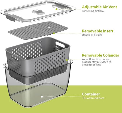 LUXEAR 4 Pack Fruit Containers for Fridge, Vegetable Storage Container with Lids &Removable Colander Produce Saver Organizer for Refrigerator Keep Fruit, Veggie, Berry, Meat Fresh Longer-Grey