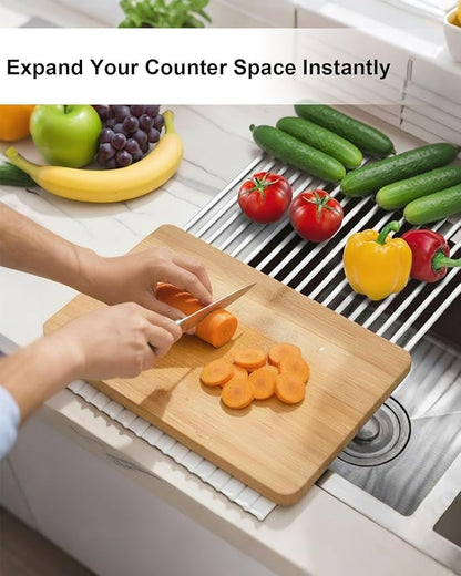 Roll Up Dish Drying Rack Over Sink, 16.93" x 12.99" Foldable Silicone Wrapped Stainless Steel Over The Sink Dish Drying Rack, White