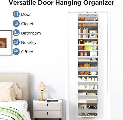 Mefirt Over The Door Organizer, 8 Shelf Door Hanging Organizers with 8 Large Capacity Pockets, Back of Door Organizer Storage Hanging Shelves for Closet Bathroom Bedroom Nursery