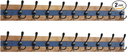 SKOLOO Rustic Coat Rack Wall Mount- 38-1/8" Long Coat Hooks for Wall with 10 Triple Hooks for Hanging Coats, Hats or Tools, Western National Parks Collection, Wood Brown & Blue, Pack of 2