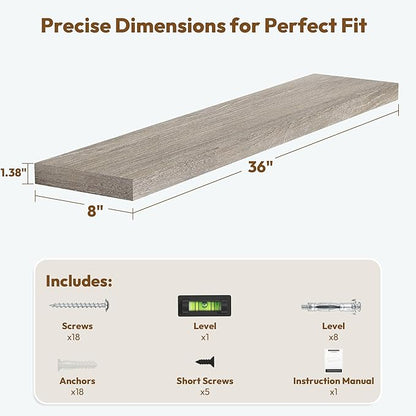 Vivelove Solid Wood Floating Shelves Set of 2, Elm Wood Wall Shelf with Invisible Bracket for Living Room Bedroom Bathroom Office, Rustic Farmhouse Decor Storage & Display, 36 inch - Grey
