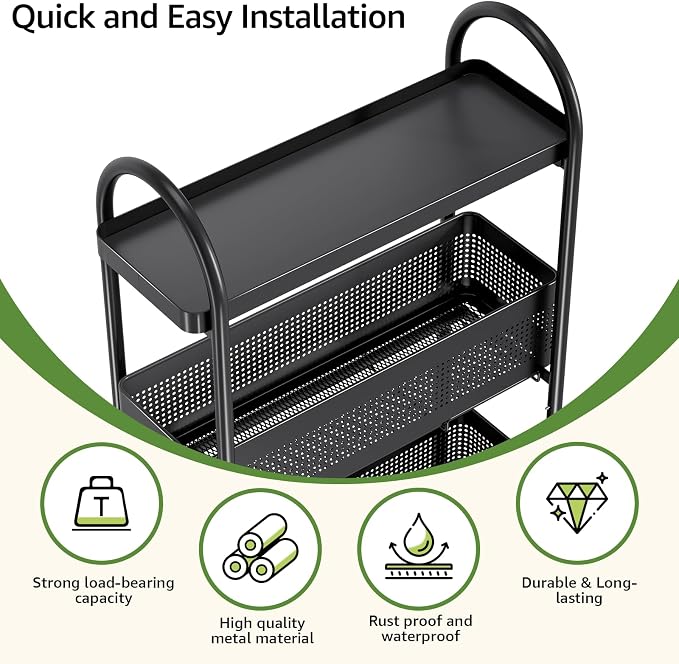 KINGRACK 3-Tier Slim Kitchen Storage Cart, Metal Utility Cart with Drawer, Rolling Trolley with Lockable Wheels, Easy Assembly Narrow Space Shelving for Kitchen Bathroom Laundry Room, Black