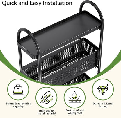 KINGRACK 3-Tier Slim Kitchen Storage Cart, Metal Utility Cart with Drawer, Rolling Trolley with Lockable Wheels, Easy Assembly Narrow Space Shelving for Kitchen Bathroom Laundry Room, Black