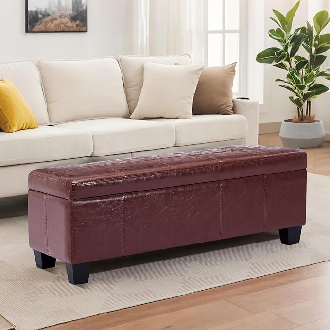 41" Storage Ottoman Bench, Faux Leather Storage Foot Rest with Safety Hinge, Load up to 660 lb Upholstered Tufted Entryway Bench with Seating for Living Room, Bedroom, Brown