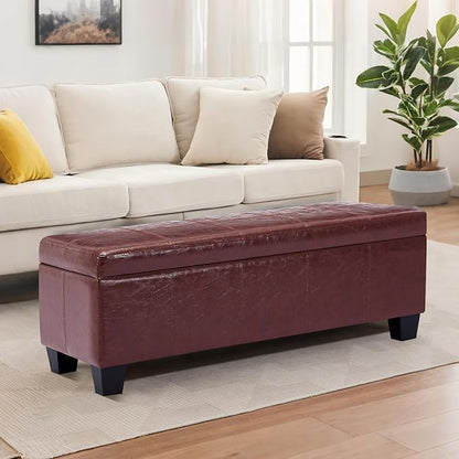 41" Storage Ottoman Bench, Faux Leather Storage Foot Rest with Safety Hinge, Load up to 660 lb Upholstered Tufted Entryway Bench with Seating for Living Room, Bedroom, Brown