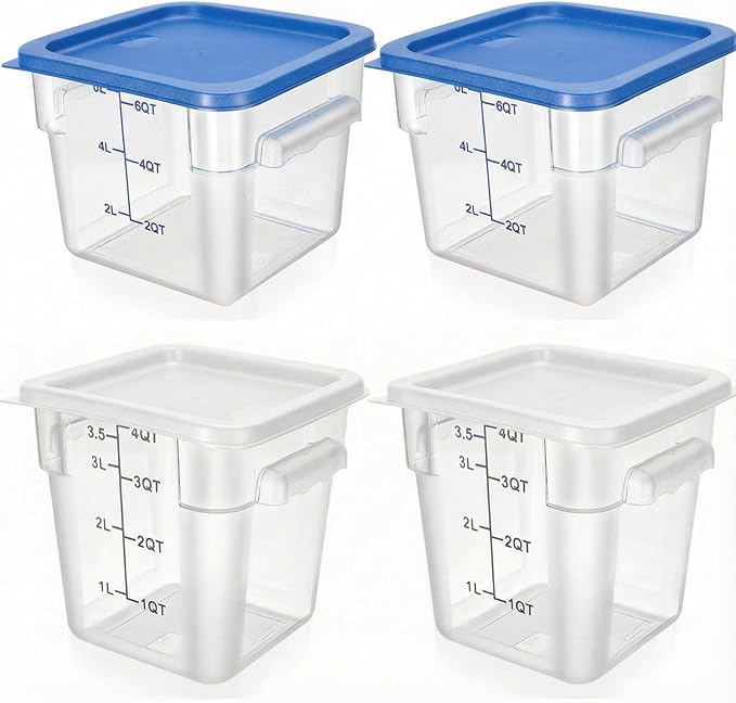 Lallisa 4 Pcs 8 Qt and 4 Qt Clear Food Storage Containers with Lids, Handles and Scales, Commercial Grade Square Containers Polycarbonate Air Tight for Home Storage Kitchen Restaurant (White, Blue)
