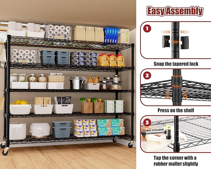 PrimeZone 5 Tier 80.7" Hx55.5 Wx24 D Wire Shelving with Wheels 3000lbs NSF Certified Storage Shelves Heavy Duty Metal Shelf Adjustable Rolling Rack Commercial Garage Restaurant Warehouse Kitchen 4Pcs
