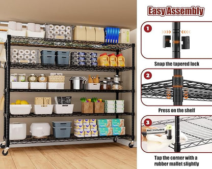 PrimeZone 5 Tier 80.7" Hx55.5 Wx24 D Wire Shelving with Wheels 3000lbs NSF Certified Storage Shelves Heavy Duty Metal Shelf Adjustable Rolling Rack Commercial Garage Restaurant Warehouse Kitchen 4Pcs