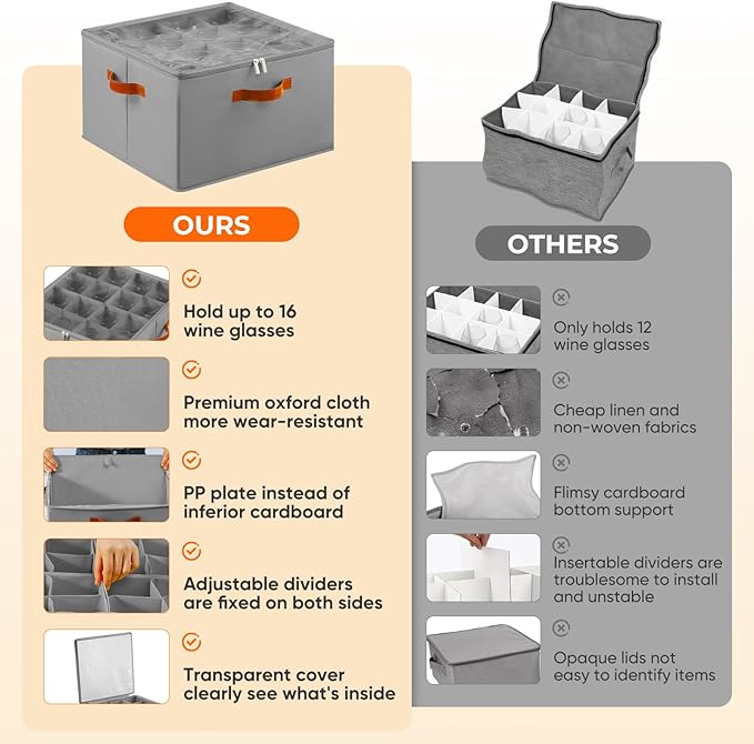 Wine Glass Storage Box with Dividers, 2 Pack Glassware Storage Containers, Stemware Storage Cases Holds 32 Wine Glasses, Stackable Crystal Storage Containers with Clear Cover for Moving，Gray