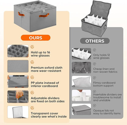 Wine Glass Storage Box with Dividers, 2 Pack Glassware Storage Containers, Stemware Storage Cases Holds 32 Wine Glasses, Stackable Crystal Storage Containers with Clear Cover for Moving，Gray