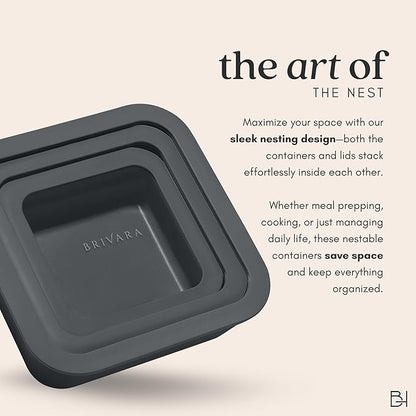 BRIVARA HOME Ceramic Coated Glass Food Storage Container | No PTFE, PFOA, PFAS, and BPA | Reusable Non Toxic Meal Prep Container with Glass Lid | Easy To Store | 6 Piece Food Prep [Onyx]