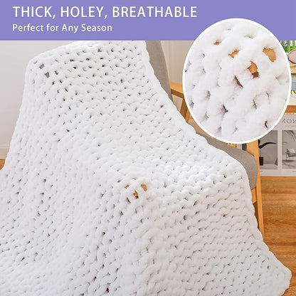 Bigacogo Chunky Knit Throw Blanket for Couch, 40x80 inches, 100% Hand Knitted with Thick Jumbo Chenille Yarn, Cozy Soft Large Rope Knot Cable Crochet Blankets for Sofa Bed Living Room, White