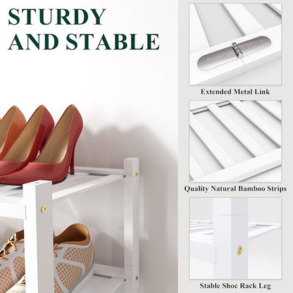 Smiry Bamboo Shoe Rack, 2 Tier Free Standing Wooden Shoe Organizer, Stackable Wood Shoe Storage Shelf for Closet, Entryway, 12 Vertical Slats, One-piece Standard Legs, 26.8"x11"x13", White