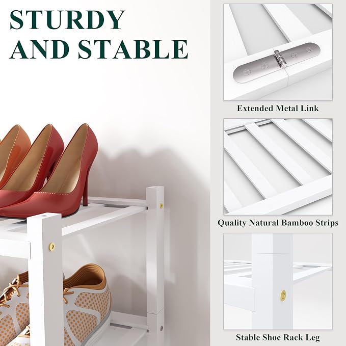 Smiry Bamboo Shoe Rack, 5 Tier Free Standing Wooden Shoe Organizer, Stackable Wood Shoe Storage Shelf for Closet, Entryway, 12 Vertical Slats, 2+2+1 Stack Standard Legs, 26.8"x11"x32.5", White